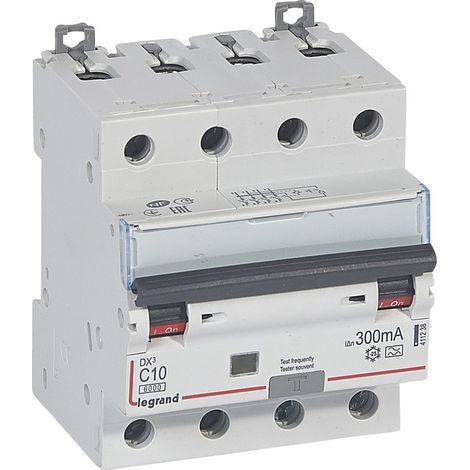 Disjoncteur différentiel monobloc DX³6000 10kA arrivée haute et départ bas à vis 4P 400V - 10A - typeA 300mA - LEGRAND