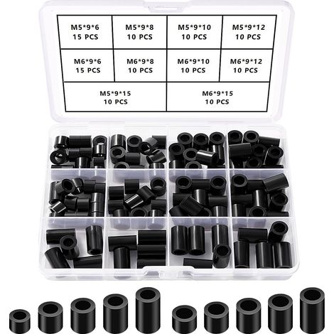 110 Pièces Kit de Rondelles d'espacement Rondes en ABS, pour Vis M5 / M6, Colonne Ronde en ABS Rondelle Entretoise Support, OD 9mm, Noir (1/5)