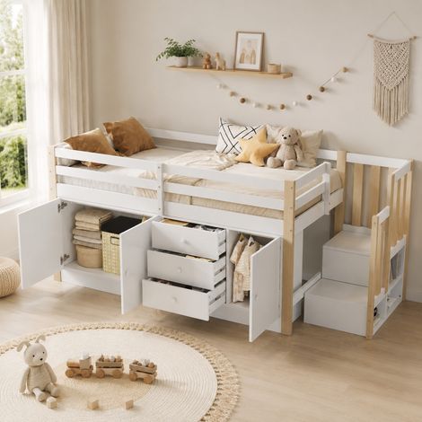 Letto a soppalco 90/200 cm bianco con scala, cassetti e spazio contenitore (1/5)