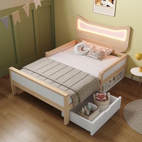 Cama infantil con cajón y LED gato blanco roble segura OKMYHOME (1/5)