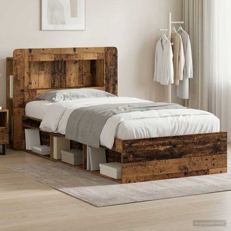 Cadre de lit 1 personne avec rangement en bois d'ingénierie, bois ancien, 75 x 190 cm - PANGIVO (1/5)