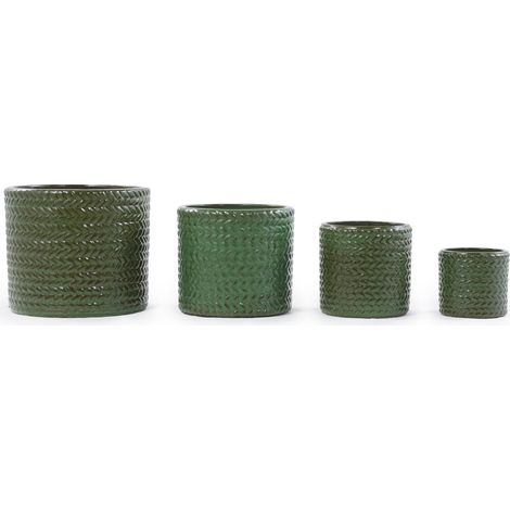 Set de 4 macetas de cerámica esmaltada verde oliva con relieve de espiga (1/5)