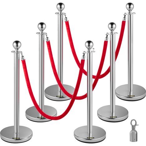 VEVOR Ensemble de 6 unites argentees pour le controle des foules,comprend des poteaux en acier inoxydable et des ceintures retractables rouges,38 pouces de hauteur,ideal pour une utilisation en interi