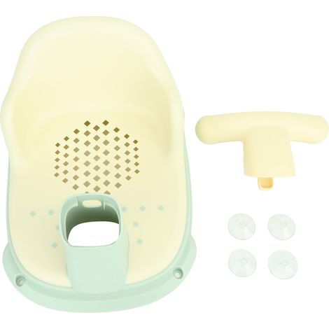 Siège de bain pour bébé, léger et sécurisé par ventouses, en plastique vert, pour nourrissons et jeunes enfants. (1/5)