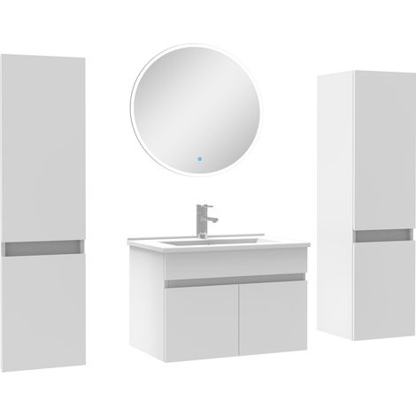 Ensemble meubles Salle de Bain simple vasque 60cm, colonnex2 + miroir rond Blanc (1/5)