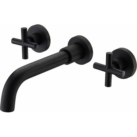 Robinet Lavabo Mural - Laiton Massif - Finition Noir Mat - Cartouche Céramique - Trousse de Fixation Incluse - 1 Pièce