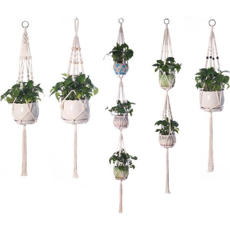 Lot de 5 suspensions pour plantes en corde de coton – Support de pot de fleurs style bohème macramé – Cache-pot suspendu tressé pour intérieur et extérieur, balcon, plafond et mur (1/5)