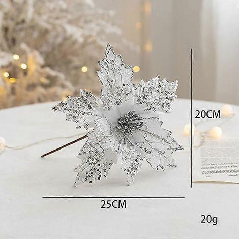 1 pièce de fleurs de Noël de 20 cm, décorations pour sapin de Noël, décorations de maison, fleurs artificielles pailletées, ornements de Noël et du Nouvel An, argentées, 20 cm (1/5)
