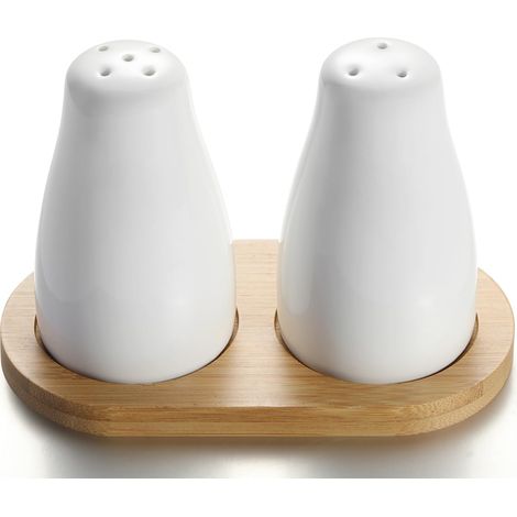 Ensemble salière et poivrière en céramique sur plateau en bambou, pots blancs modernes pour décoration de table de maison de campagne (1/5)