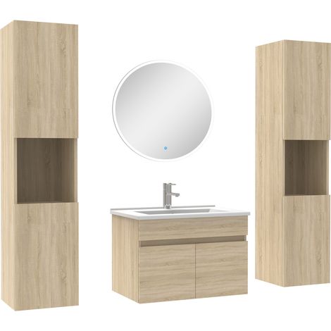 Ensemble meubles Salle de Bain simple vasque 60cm, colonnex2 et miroir rond Chêne Wotan (1/5)