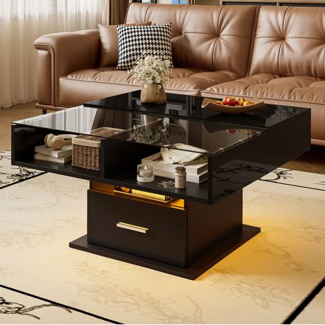Couchtisch höhenverstellbar mit Stauraum LED 78x78 Schwarz OKMYHOME (1/5)