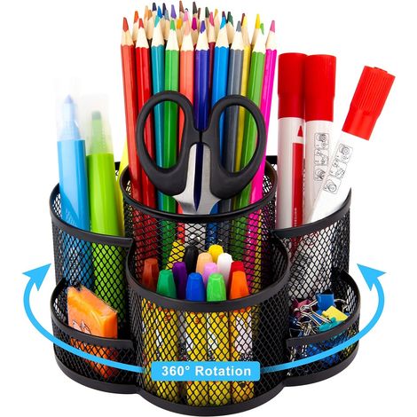 Pen Holder - 360 Degree Rotating Desk Organizer - 7 Compartment Metal Stationery Caddy - For Office School Art Supplies - 1 Piece