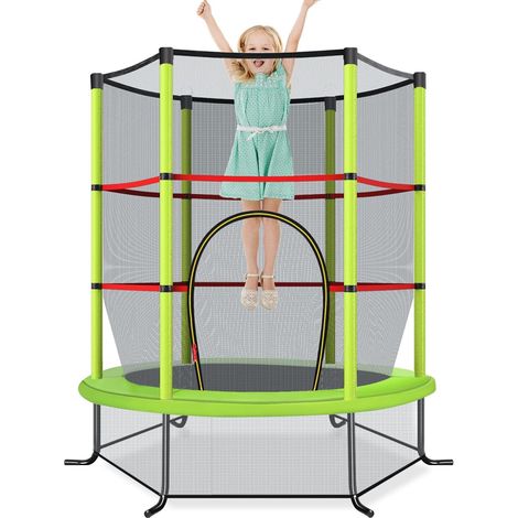 COSTWAY Trampoline Extérieur Enfants Ø165 CM avec Filet de Sécurité, Trampoline Enfants avec Cadre en Acier & 6 Poteaux Recouvert de Mousse, Charge Max 135kg pour Garçon et Fille (Vert) (1/5)