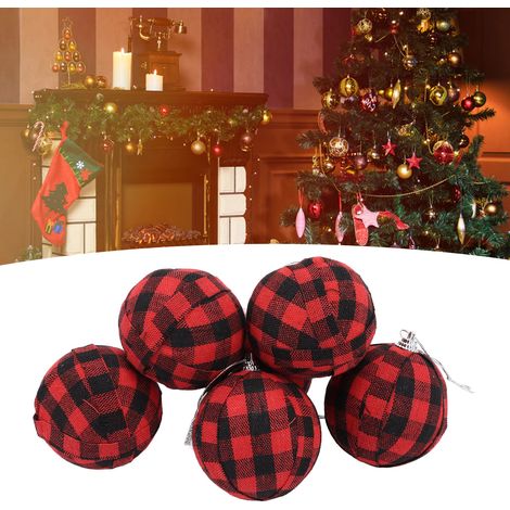 Weihnachtsdekoration: Set mit 6 schwarz-weiß karierten Weihnachtskugeln von 7 cm Durchmesser für den Weihnachtsbaum, mit rot-schwarz karierten Mustern. (1/5)