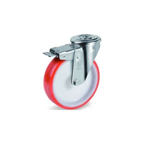 Roulette à oeil pivotante à frein diamètre 200 mm roue polyuréthane rouge - 300 Kg (1/2)
