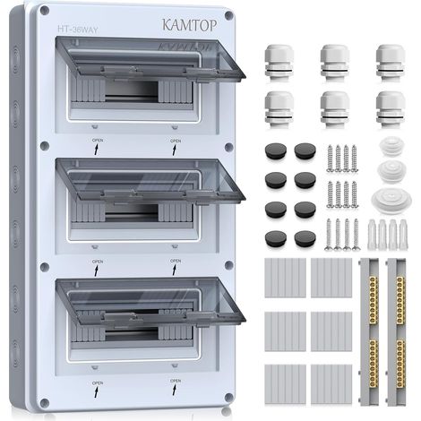 Coffret Électrique Étanche 36 Modules - Tableau Electrique 3 Rangées Étanche IP65, Couvercle PC Transparent, Rail DIN Préinstallé, ABS Antichoc pour Garage, Jardin, Accessoires de Montage Inclus (1/5)