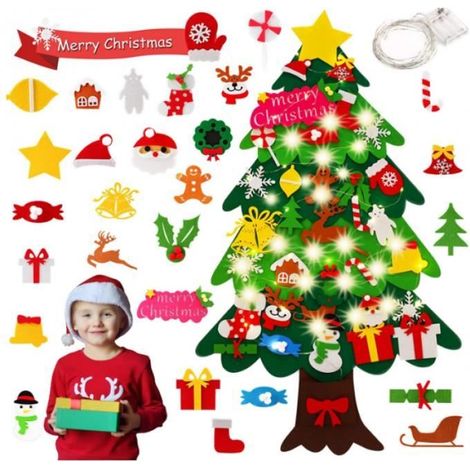 Sapin de Noël - AMOUNE - 113 cm - Feutre Multicolore - 35 Décorations Amovibles - LED Inclus (1/4)