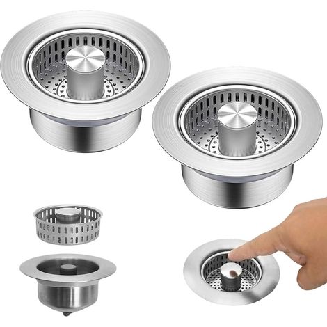 Set di 2 filtri 3 in 1 per lavello da cucina – tappo universale in acciaio inox – Ø 110 mm – tappo per lavello con funzione filtrante – recupero dell'acqua e barriera antiodore – adatto all'uso in cuc (1/4)