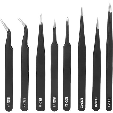 Pince à épiler professionnelle 8 pièces en acier inoxydable biseautée précise, lot ESD-10-17 pour usage pneumatique et électronique (1/5)