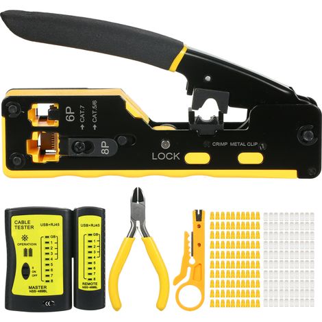 Kit d'outil de sertissage RJ45 tout-en-un pour connecteurs traversants Cat5e, Cat6, Cat6a, 100 connecteurs, 100 capuchons, pince réseau et lames de test (1/5)