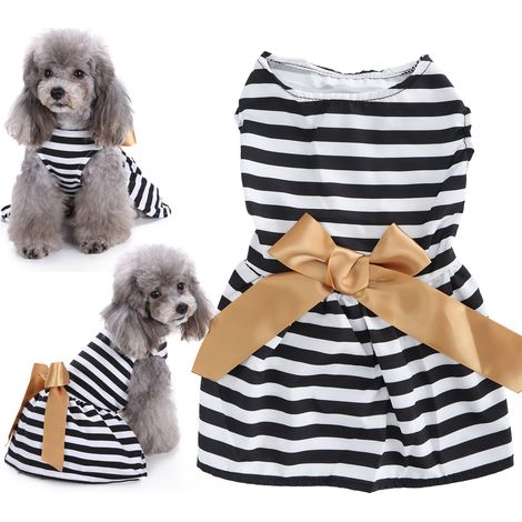 1 robe d'été pour chienne, rayée noir et blanc, sans manches, nœud papillon, polyester, taille L, tenue festive (1/5)