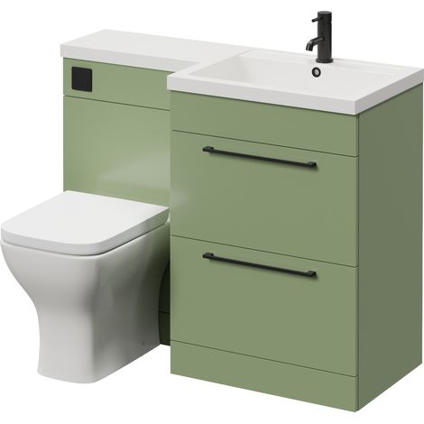Napoli 460 Olive Green 1100mm 2 Drawer Vanity Unit Toilet Suite with Right Hand Square Lucia Basin - 1100mm - Matt Black 320mm HandleWith Kingston Toilet Pan and Seat