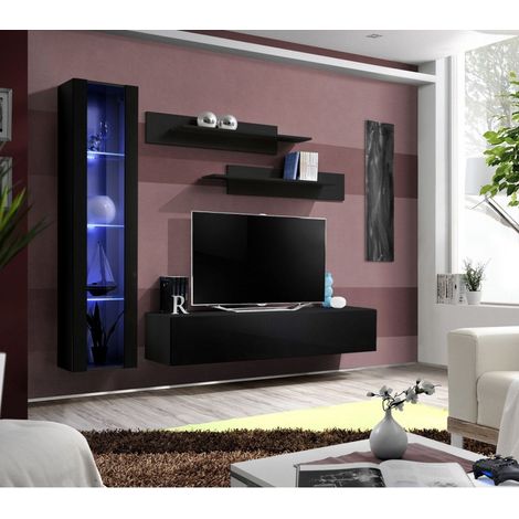 Ensemble meuble TV mural  - Fly II - 210 cm x 190 cm x 40 cm - Noir - Livraison gratuite