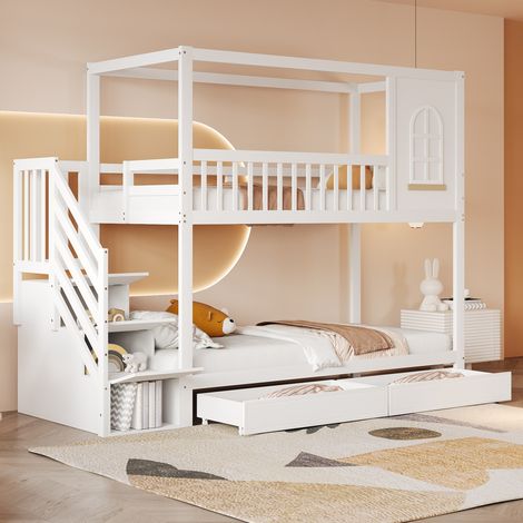 Lit superposé, lit enfant 90200 cm, lit double en bois massif, avec fenêtres, clôture de sécurité, tiroirs de rangement et échelle de sécurité, blanc (1/5)