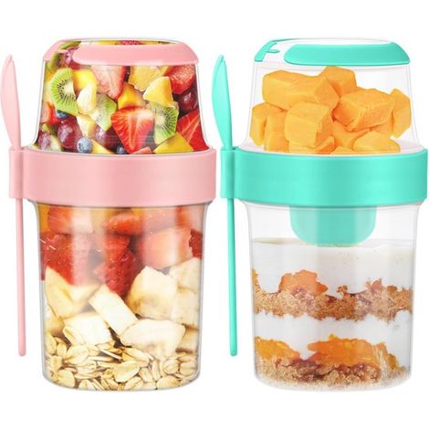 Pot à yaourt et muesli à emporter 560 + 310 ml avec cuillère, récipient étanche sans BPA pour salade, déjeuner et aliments à emporter, rose et vert (1/5)