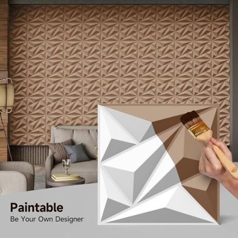12 panneaux muraux 3D en PVC à motif diamant, revêtement mural décoratif intérieur 30 cm x 30 cm (3 m²) pour fond de télévision, chambre, salle de jeux (Z1-Blanc) (1/4)