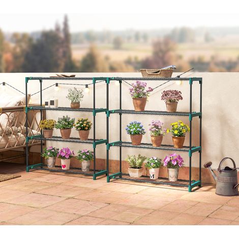 Set di 2 Scaffali per Piante a 4 Livelli in Acciaio con Ganci, 90x28x104 cm, Verde