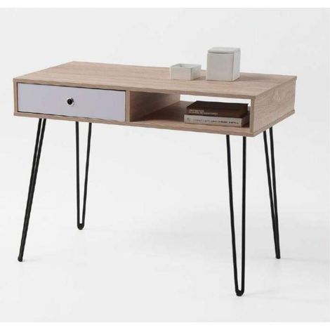 Mesa de escritorio Kala 1 hueco + 1 cajón acabado madera y blanco 76 cm(alto)100 cm(ancho)48 cm(fondo)