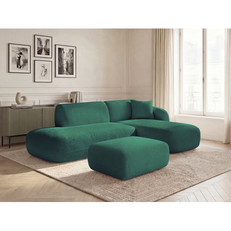 BOBOCHIC - Canapé d'angle fixe modulable ANDA avec 1 méridienne, 1 chauffeuse bout de canapé et 1 pouf Angle droit  Vert foncé