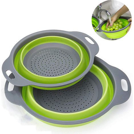 Lot de 2 passoires pliables, égouttoir pliable en silicone, passoire à pâtes pliable, filtre pliable en silicone, panier à fruits et légumes. Accessoires de cuisine inclus. (1/4)