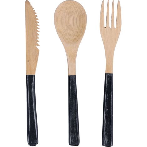 Ensemble de 3 couverts japonais en bois sans BPA - Cuillères, fourchettes et couteaux de cuisine noirs
