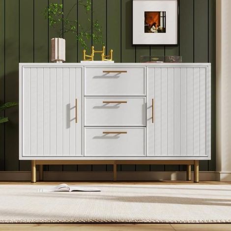 Commode - KOMHTOM - 120x40x75 cm - 2 portes 3 tiroirs - Blanc - Pieds métal, étagère réglable (1/5)