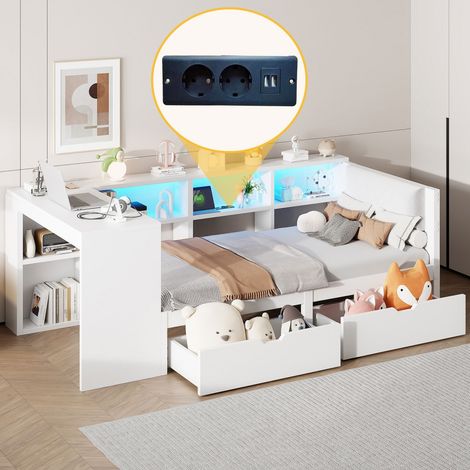 Lit Simple LIT - Plateforme en bois 90x200 avec étagères, tiroirs, station de recharge USB, tête de lit rembourrée et éclairage LED RGB - Blanc (sans Matelas) (1/5)