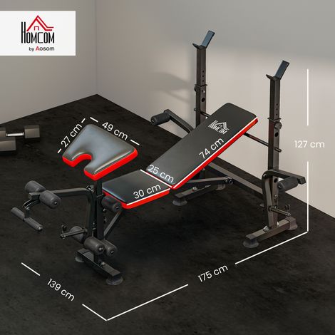 Banc multifonctionnel réglable avec support pour haltères, acier et plastique, 175 x 139 x 127 cm, rouge et noir (1/5)