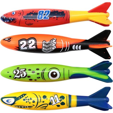 Swimming Pool Games for Children 6 7 8 9 10 Years 4 Pieces Torpedo Diving Toys Swimming Pool Game for Boys Girls Outdoor Summer Entertainment Underwater Training Diving Swimming (1/3)