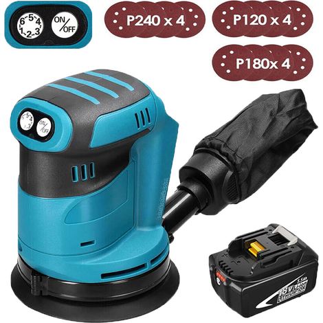 Levigatrici orbitali e rotorbitali, Levigatrice palmare senza fili e senza spazzole da 5", 12 dischi + 1 batteria da 5,5 A + (senza caricabatterie) - compatibile con caricabatterie Makita