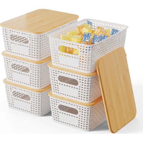 Lot de 6 Boîtes de rangement, Couvercle en bambou, Plastique PP, Empilables, Ventilation, Salle de bain Cuisine (1/5)