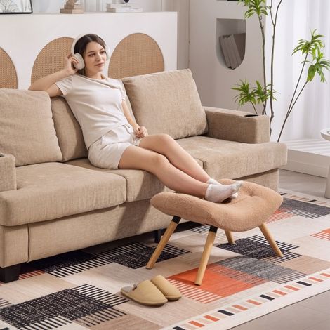 Pouf 67x45x38 cm marron – siège d’appoint et repose-pieds, polyester, pieds en bois MEUBLIV (1/5)
