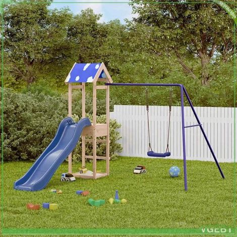 Aire de jeux extérieur - 3279013 - Bois de pin massif non traité - Toboggan ondulé bleu - Balançoire incluse (1/5)