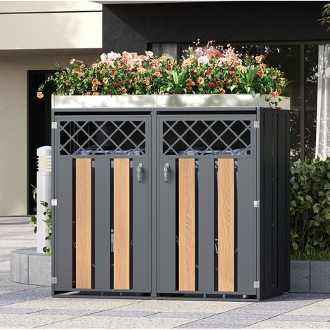 Armoire cache-poubelles de jardin en acier galvanisé gris et aspect bois, 2 compartiments verrouillables avec jardinière (1/5)
