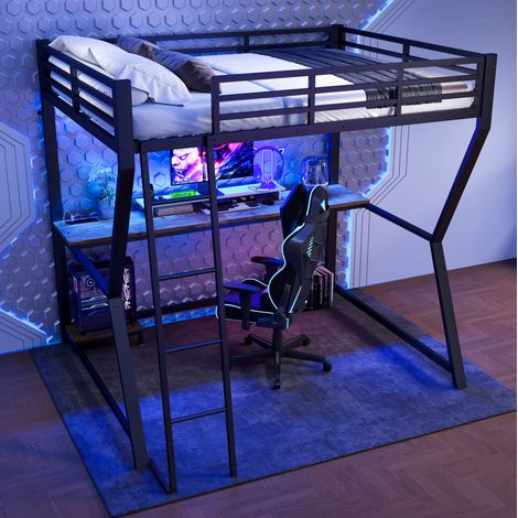 Cama alta 140x200 cm negra de metal y MDF con escritorio, LED, enchufes USB y escalera (1/5)