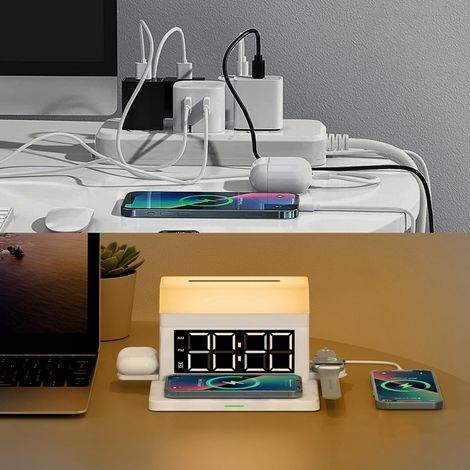 Lampe de Bureau LED avec Chargeur Sans Fil, Réveil Digital et Support Téléphone pour iPhone Samsung, Blanc - 15W (1/5)