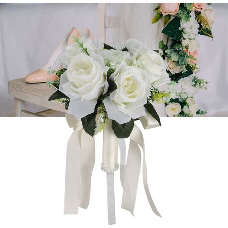 Brautstrauß im westlichen Stil mit Seidenblumen, künstlichen Rosen und cremeweißem Brautstrauß. (1/5)
