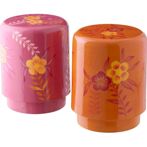 Tabouret rond métal fleuri rose et orange - rose et orange (1/3)