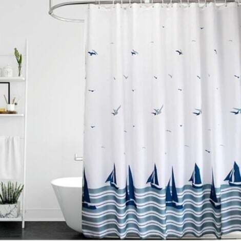 [NON UTILIZZATO] Tenda da doccia 100 x 180 cm, orlo appesantito, antimuffa e lavabile, tenda da bagno blu nautico con barca a vela e ganci.