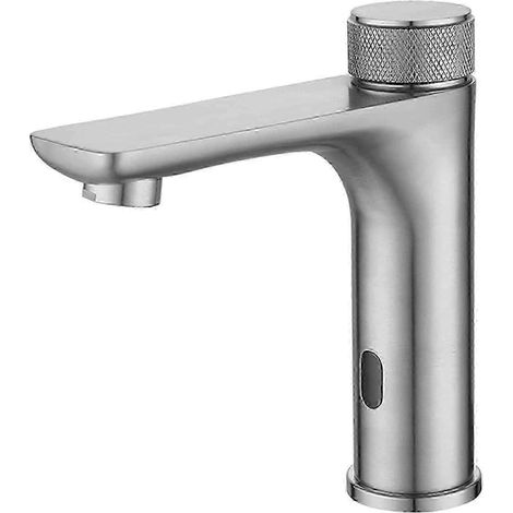 Robinet à capteur, marche/arrêt automatique, économie d'eau, alimenté par piles, double commande pour l'eau chaude et l'eau froide, finition brossée. (1/5)